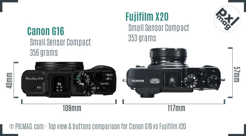 Canon G16 vs Fujifilm X20 top view buttons comparison