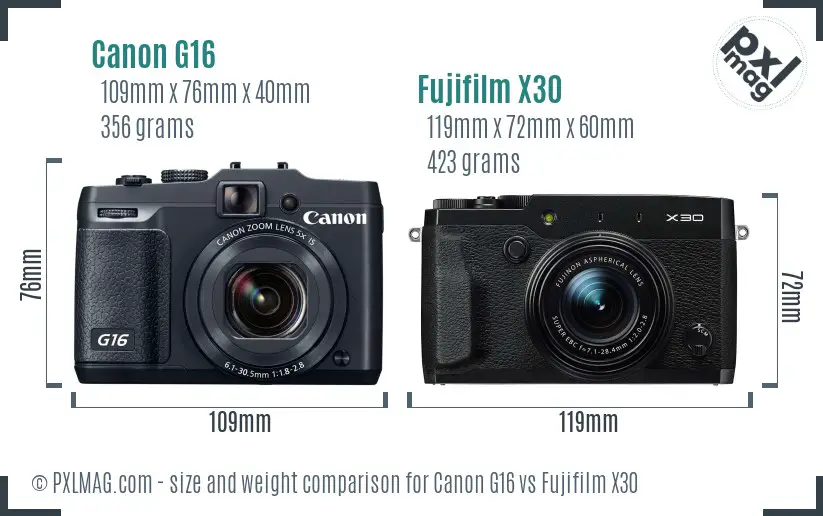 Canon G16 vs Fujifilm X30 size comparison