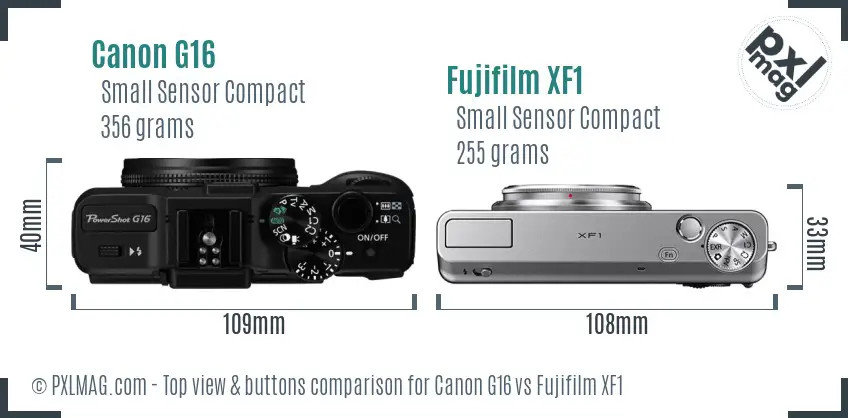 Canon G16 vs Fujifilm XF1 top view buttons comparison