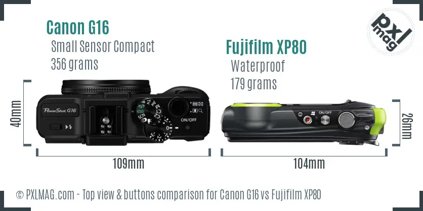Canon G16 vs Fujifilm XP80 top view buttons comparison Canon G16 vs Fujifilm XP80 top view buttons comparison