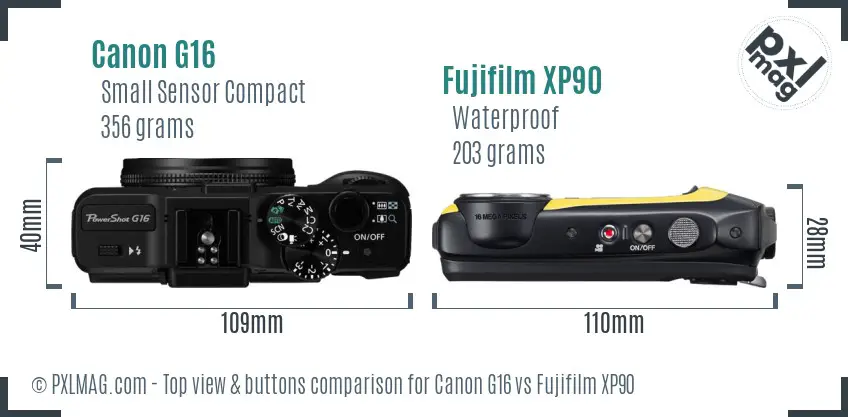 Canon G16 vs Fujifilm XP90 top view buttons comparison Canon G16 vs Fujifilm XP90 top view buttons comparison