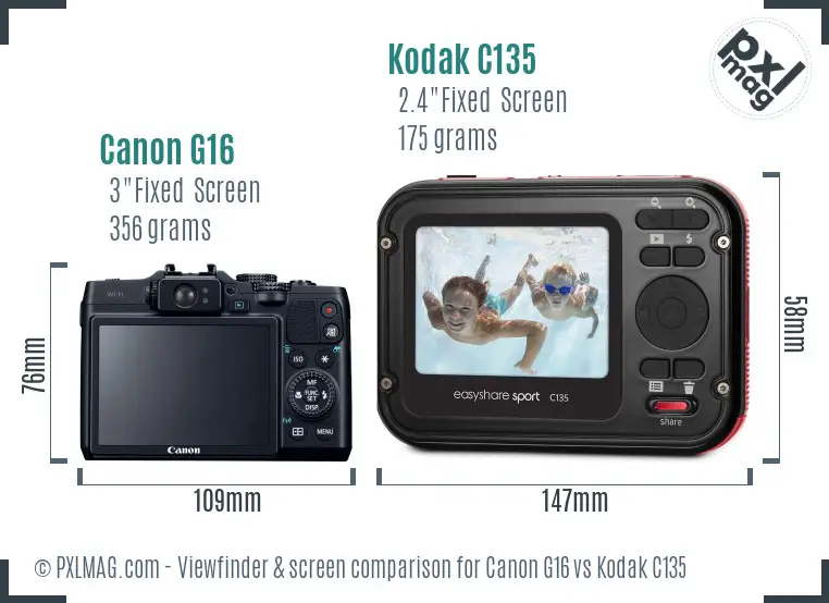 Canon G16 vs Kodak C135 Screen and Viewfinder comparison