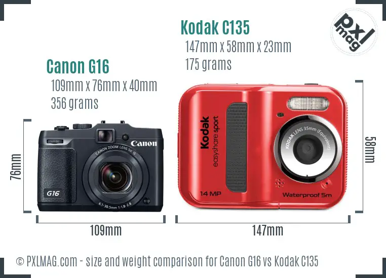 Canon G16 vs Kodak C135 size comparison