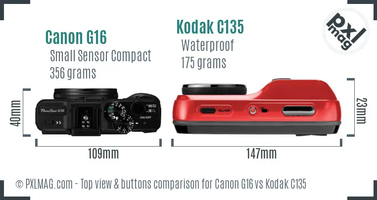 Canon G16 vs Kodak C135 top view buttons comparison