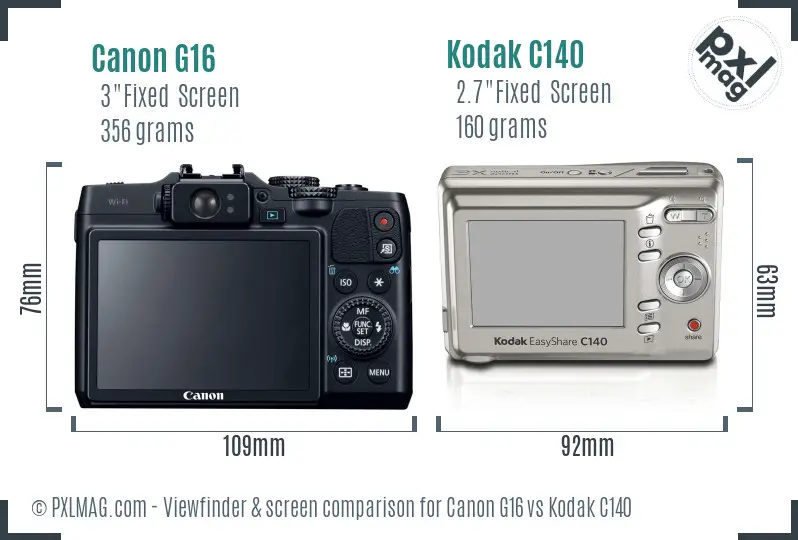 Canon G16 vs Kodak C140 Screen and Viewfinder comparison