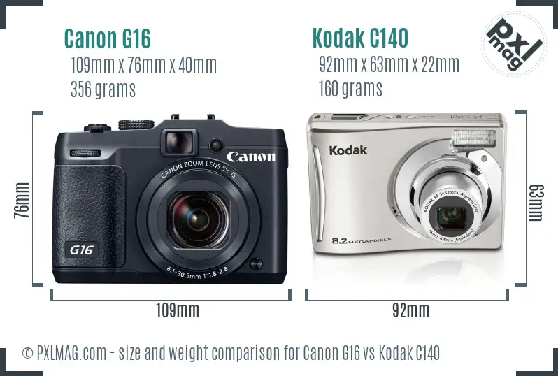 Canon G16 vs Kodak C140 size comparison