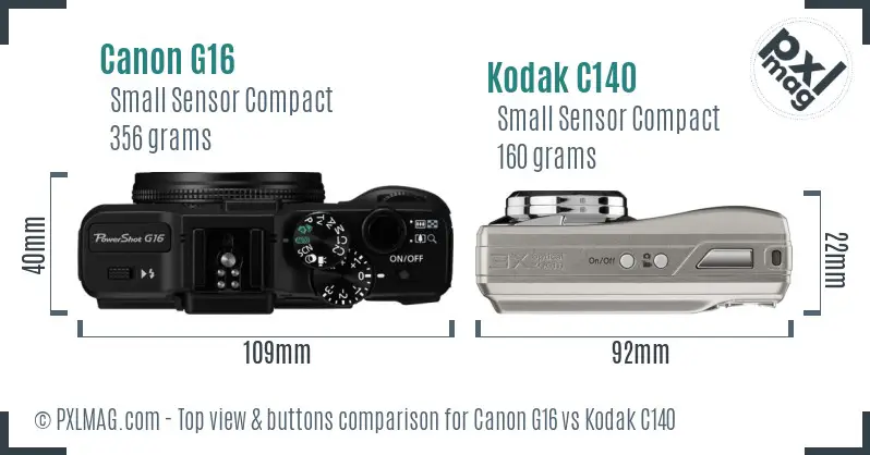 Canon G16 vs Kodak C140 top view buttons comparison