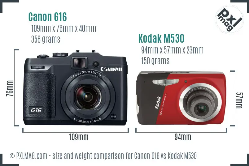 Canon G16 vs Kodak M530 size comparison