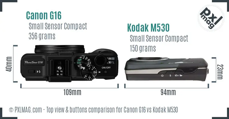 Canon G16 vs Kodak M530 top view buttons comparison