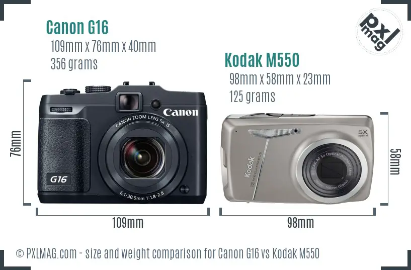 Canon G16 vs Kodak M550 size comparison