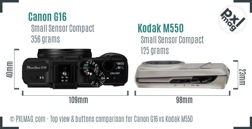 Canon G16 vs Kodak M550 top view buttons comparison