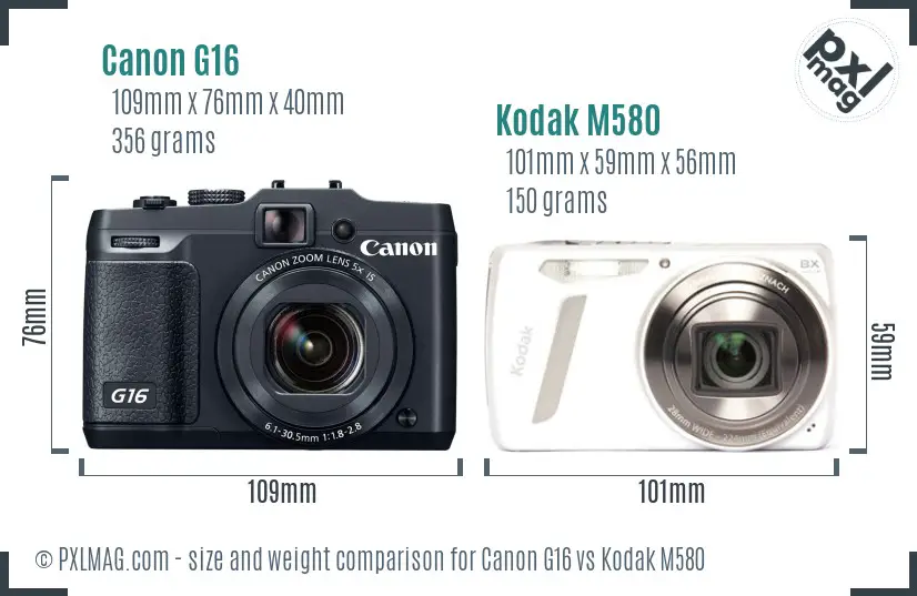 Canon G16 vs Kodak M580 size comparison