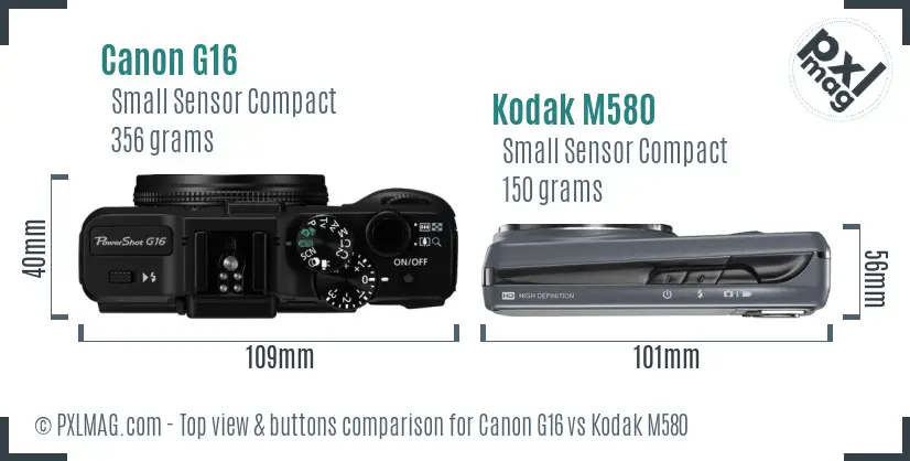Canon G16 vs Kodak M580 top view buttons comparison