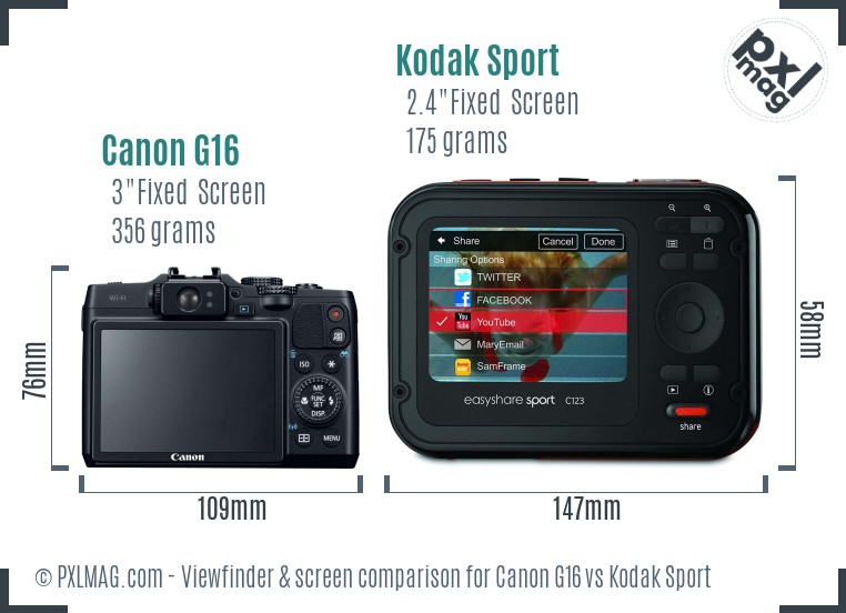Canon G16 vs Kodak Sport Screen and Viewfinder comparison
