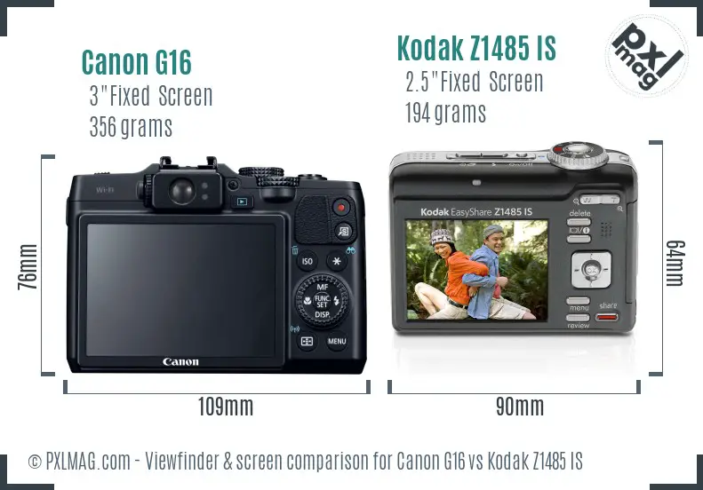 Canon G16 vs Kodak Z1485 IS Screen and Viewfinder comparison