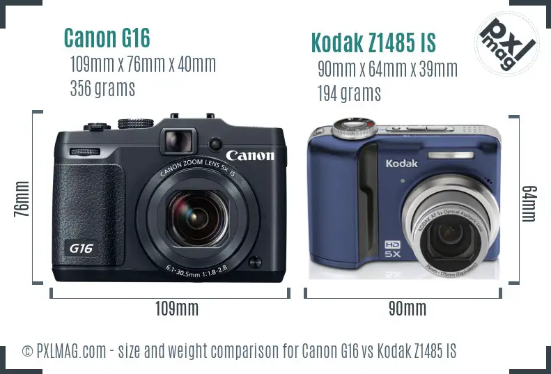 Canon G16 vs Kodak Z1485 IS size comparison
