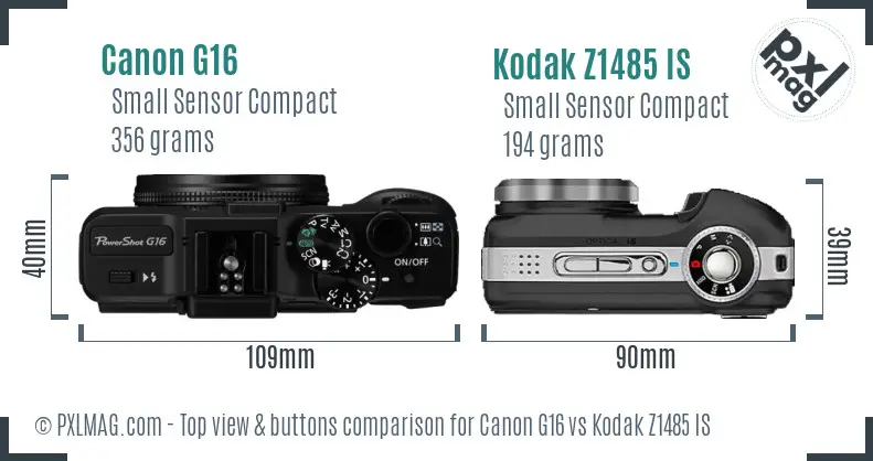 Canon G16 vs Kodak Z1485 IS top view buttons comparison