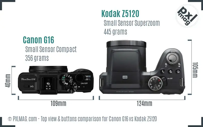Canon G16 vs Kodak Z5120 top view buttons comparison