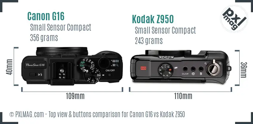 Canon G16 vs Kodak Z950 top view buttons comparison