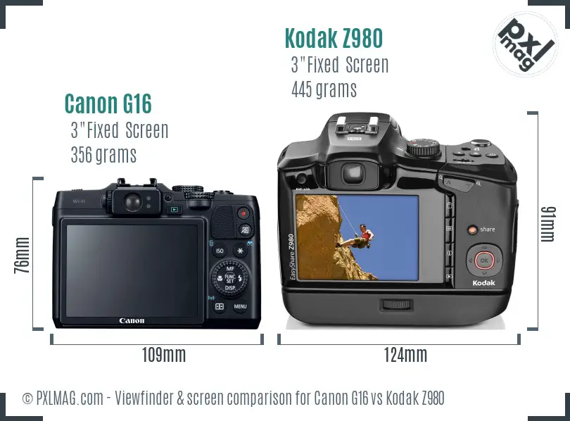 Canon G16 vs Kodak Z980 Screen and Viewfinder comparison