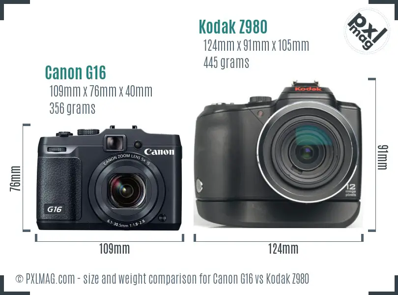 Canon G16 vs Kodak Z980 size comparison