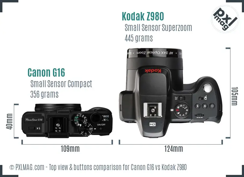 Canon G16 vs Kodak Z980 top view buttons comparison
