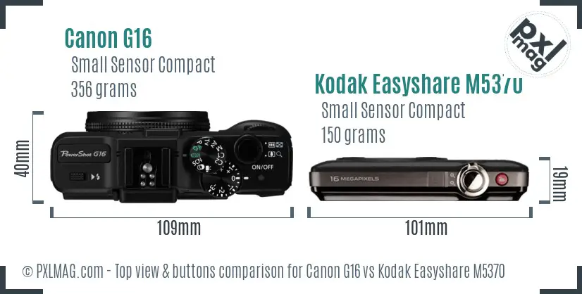 Canon G16 vs Kodak Easyshare M5370 top view buttons comparison