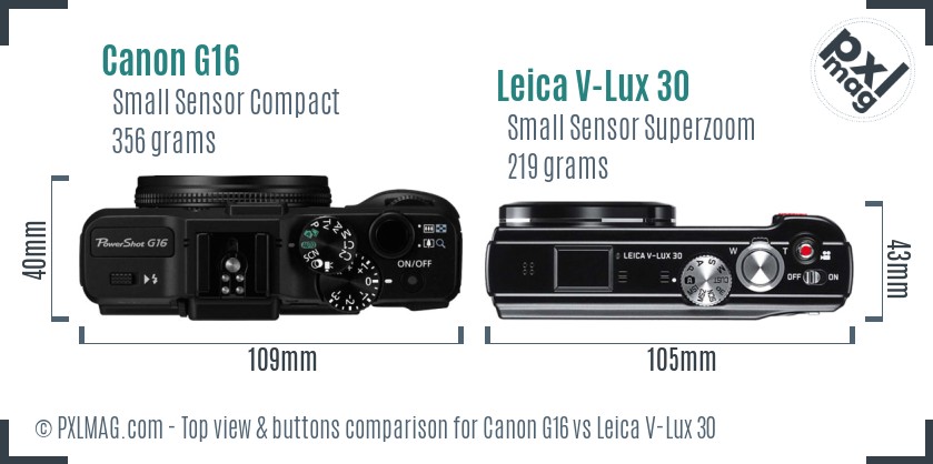 Canon G16 vs Leica V-Lux 30 top view buttons comparison