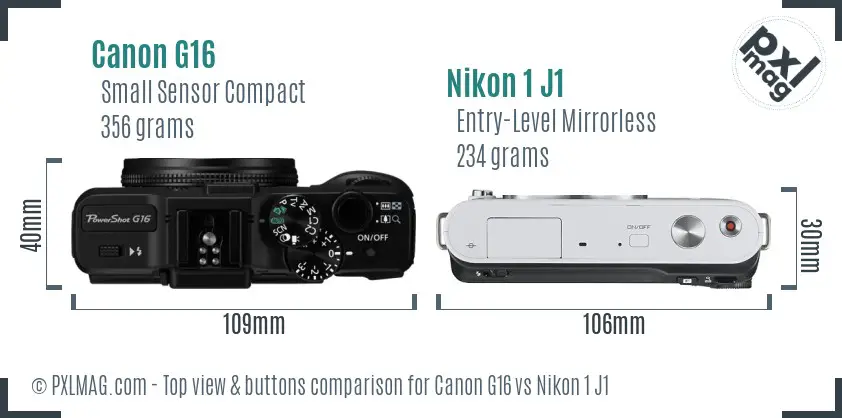 Canon G16 vs Nikon 1 J1 top view buttons comparison