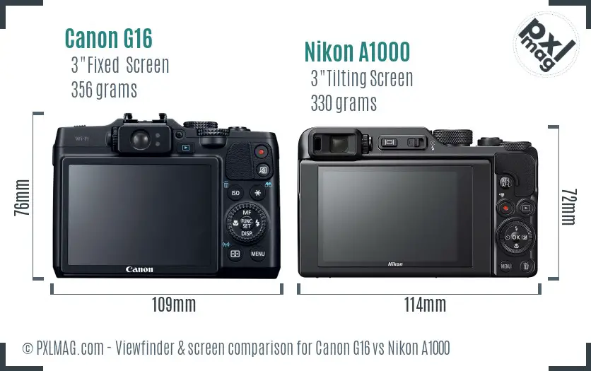 Canon G16 vs Nikon A1000 Screen and Viewfinder comparison