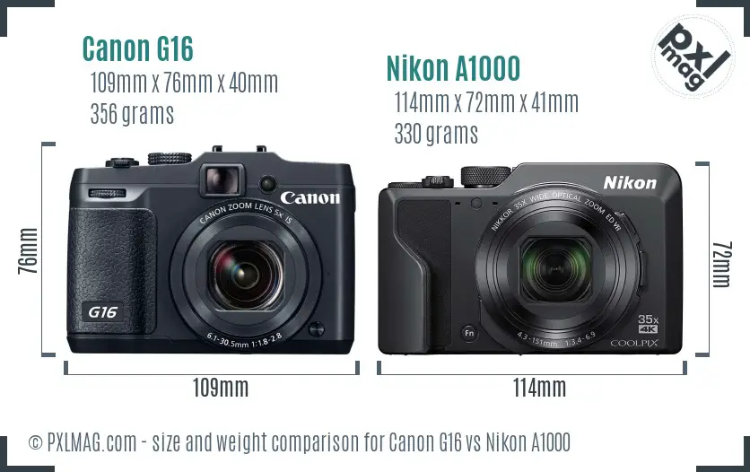 Canon G16 vs Nikon A1000 size comparison