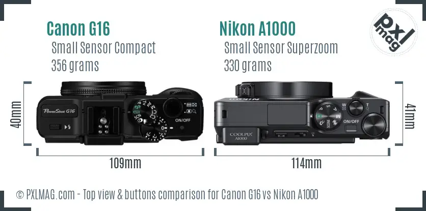 Canon G16 vs Nikon A1000 top view buttons comparison