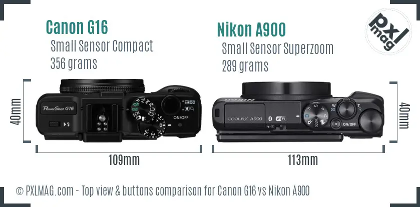Canon G16 vs Nikon A900 top view buttons comparison Canon G16 vs Nikon A900 top view buttons comparison