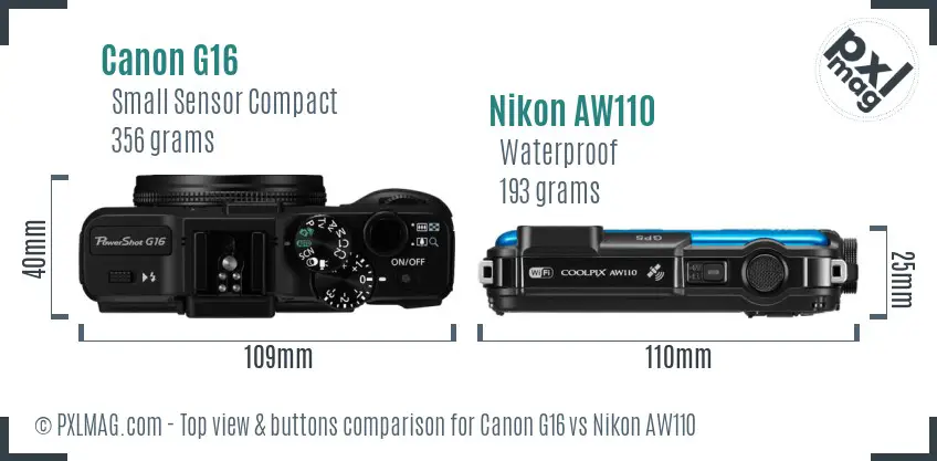 Canon G16 vs Nikon AW110 top view buttons comparison Canon G16 vs Nikon AW110 top view buttons comparison