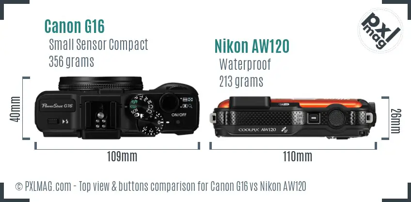 Canon G16 vs Nikon AW120 top view buttons comparison