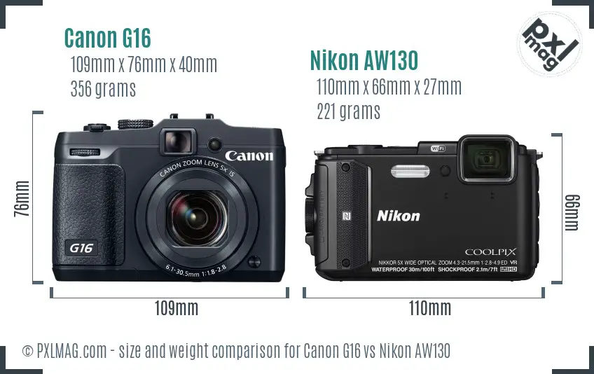 Canon G16 vs Nikon AW130 size comparison Canon G16 vs Nikon AW130 size comparison