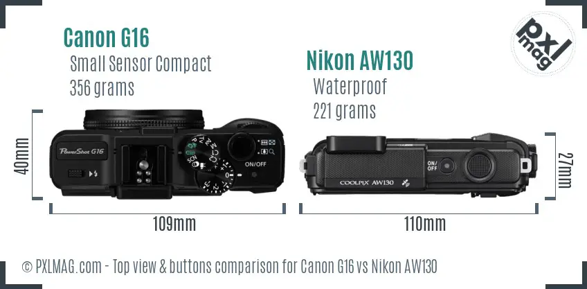 Canon G16 vs Nikon AW130 top view buttons comparison Canon G16 vs Nikon AW130 top view buttons comparison