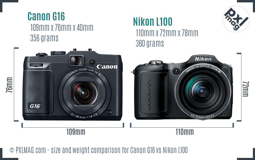 Canon G16 vs Nikon L100 size comparison