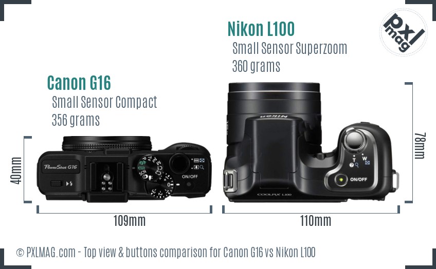 Canon G16 vs Nikon L100 top view buttons comparison