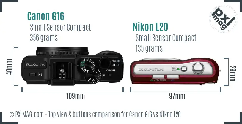Canon G16 vs Nikon L20 top view buttons comparison