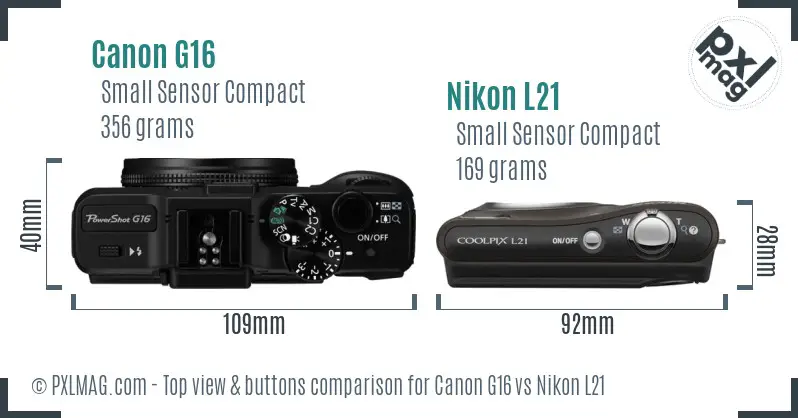 Canon G16 vs Nikon L21 top view buttons comparison