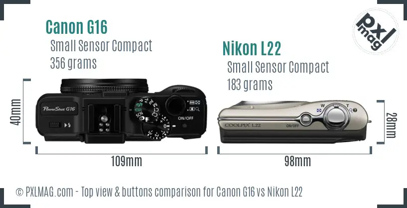Canon G16 vs Nikon L22 top view buttons comparison