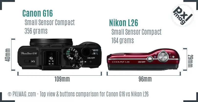Canon G16 vs Nikon L26 top view buttons comparison