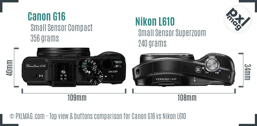 Canon G16 vs Nikon L610 top view buttons comparison Canon G16 vs Nikon L610 top view buttons comparison