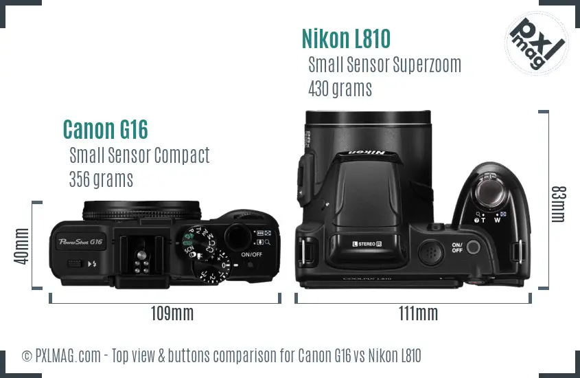 Canon G16 vs Nikon L810 top view buttons comparison