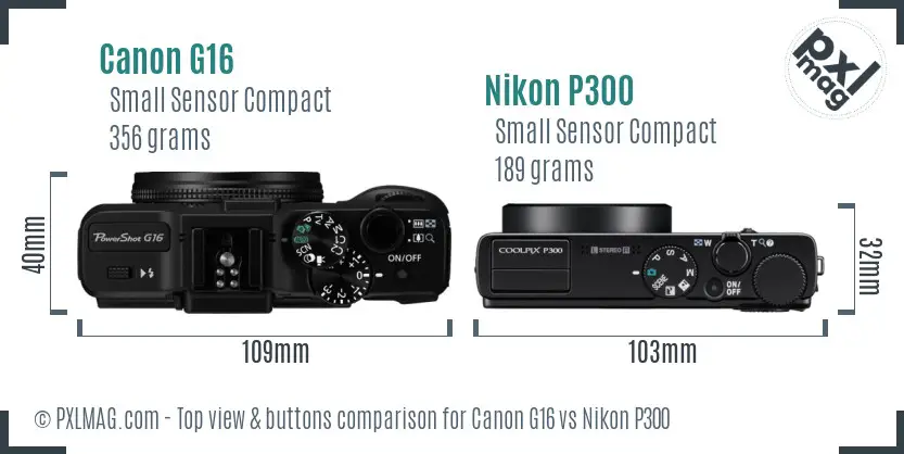 Canon G16 vs Nikon P300 top view buttons comparison