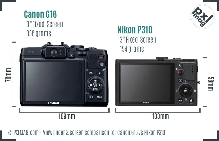 Canon G16 vs Nikon P310 Screen and Viewfinder comparison