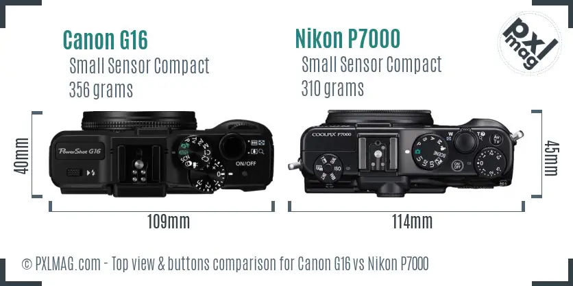 Canon G16 vs Nikon P7000 top view buttons comparison