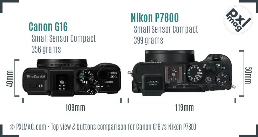 Canon G16 vs Nikon P7800 top view buttons comparison