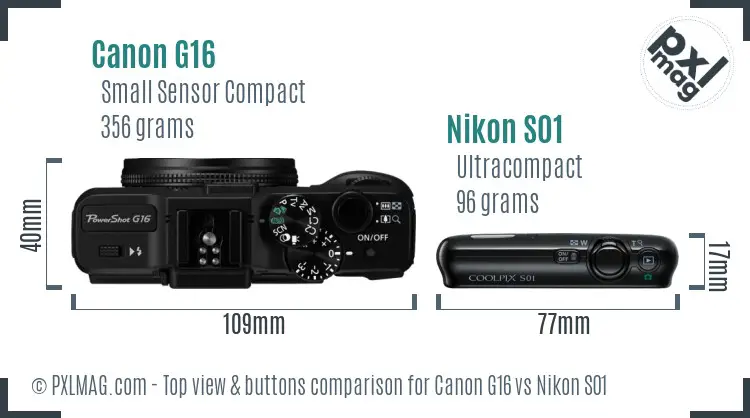 Canon G16 vs Nikon S01 top view buttons comparison